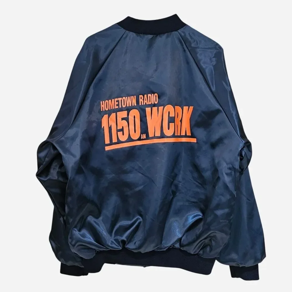 vintage indie streetwear navy orange radio 1150 wcrk satin jacket